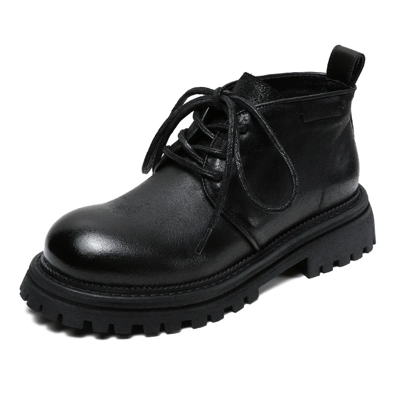 Women Retro Solid Leather Lug Sole Ankle Boots