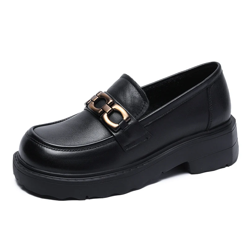 Women Retro Leather Chain Thick Soled Casual Loafers