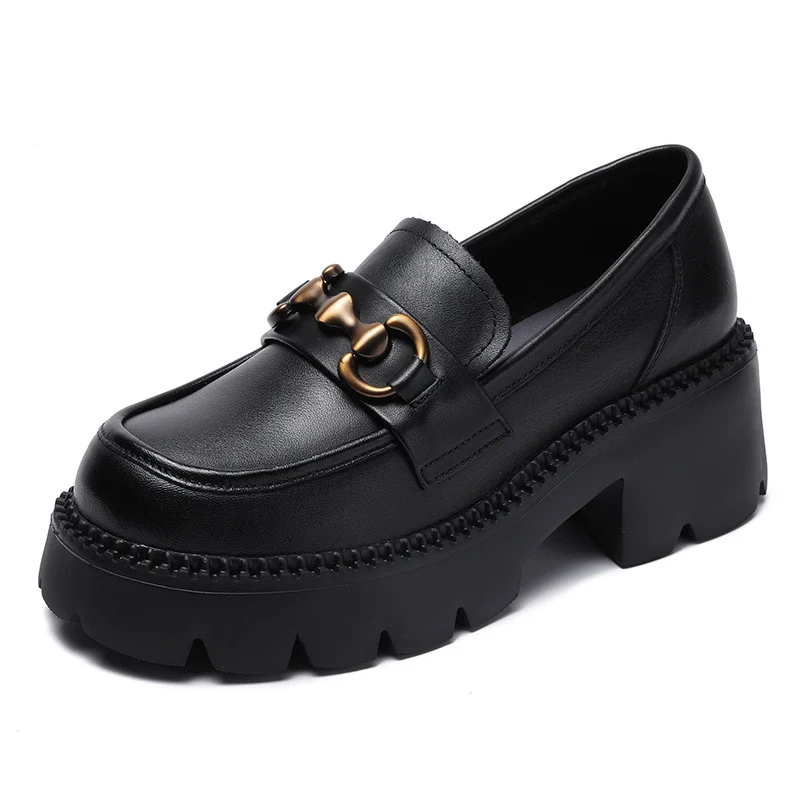 Women Retro Leather Chain Chunky Wedge Loafers