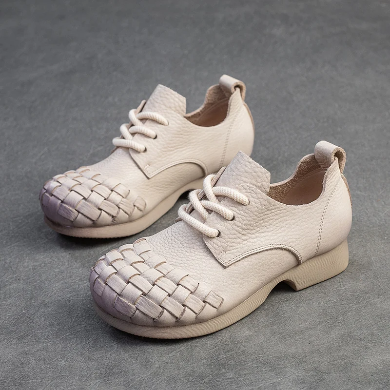 Women Retro Soft Plaited Cowhide Casual Shoes