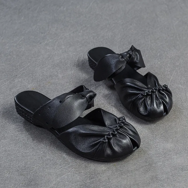 Women Summer Retro Soft Leather Casual Slides Sandals