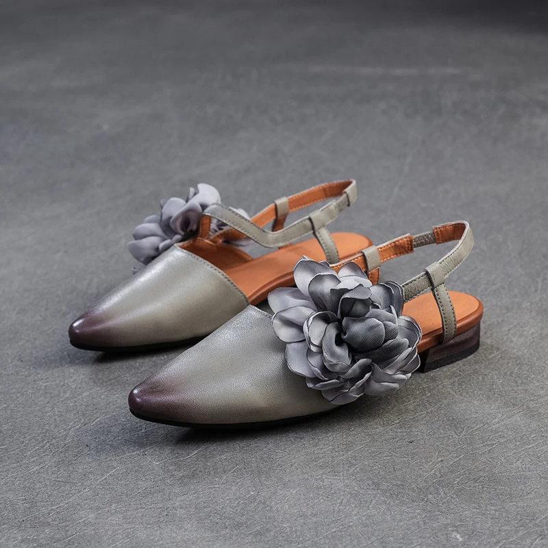 Women Retro Plain Leather Flower Pointed Toe Casual Sandals