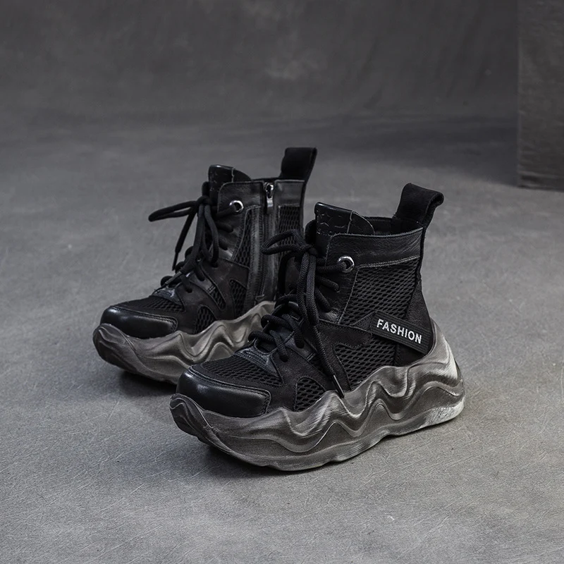 Women Plain Leather Breathable Mesh Chunky Platform Boots