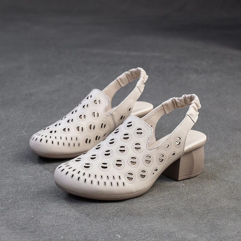 Women Retro Plain Hollow Leather Round Toe Heel Sandals