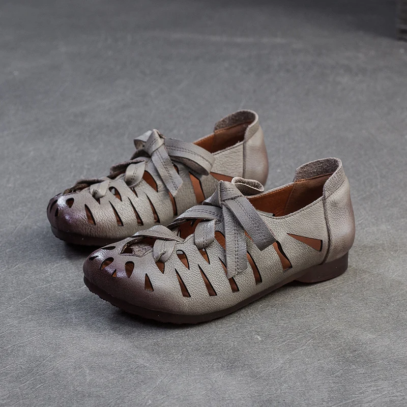 Women Retro Hollow Leather Soft Summer Flats