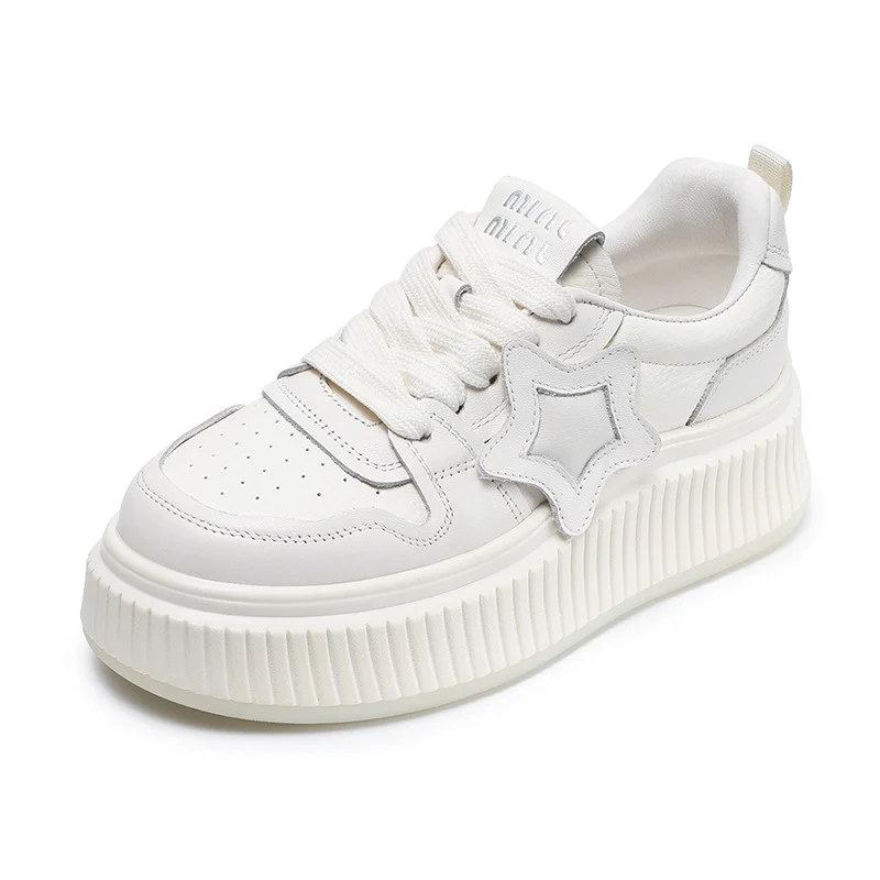 Women Plain Embossed Leather Thick Soled Casual Sneakers