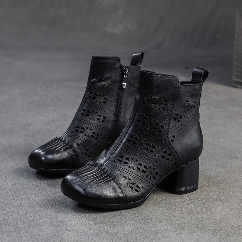 Women Retro Hollow Leather Chunky Heel Ankle Boots