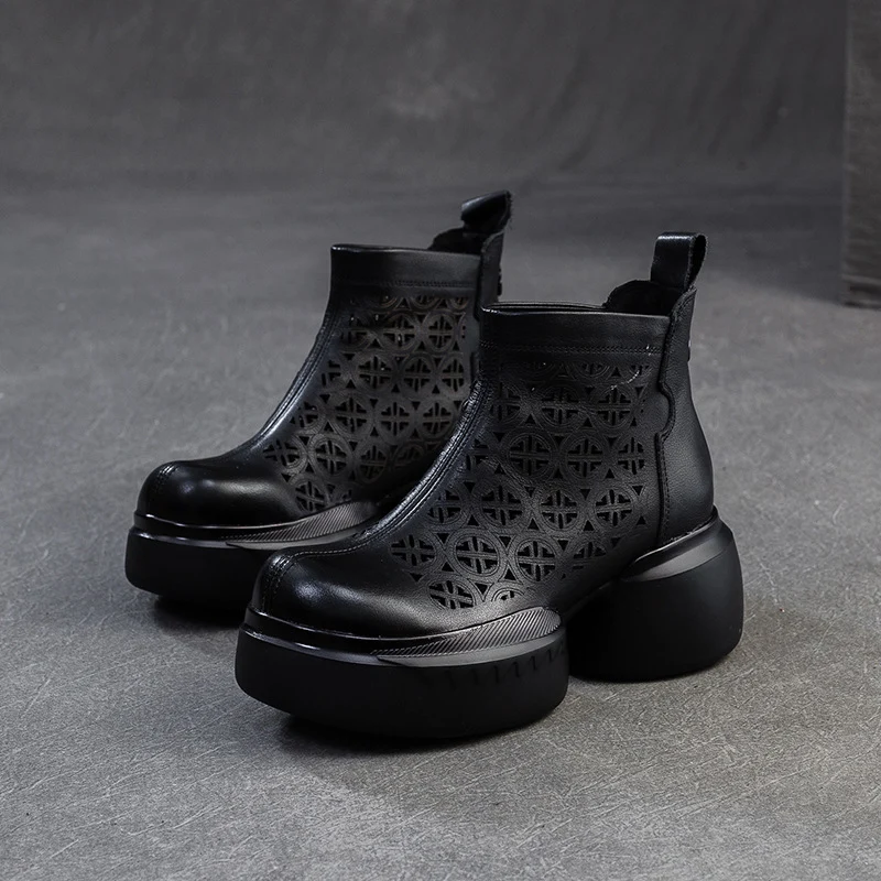 Women Plain Hollow Leather Chunky Heel Ankle Boots