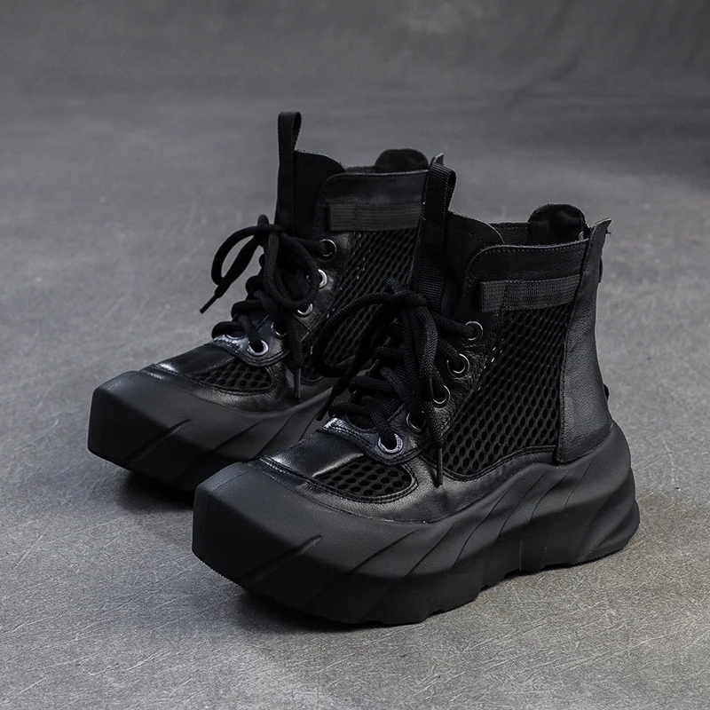 Women Plain Hollow Mesh Leather Platform Boots