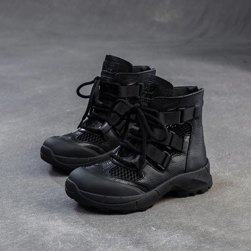 Women Breathable Mesh Plain Leather Ankle Boots