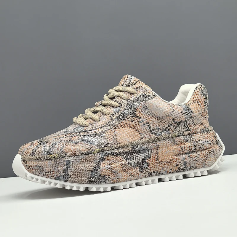 Men Fashion Snake Pattern Cowhide Leather Casual Sneakers