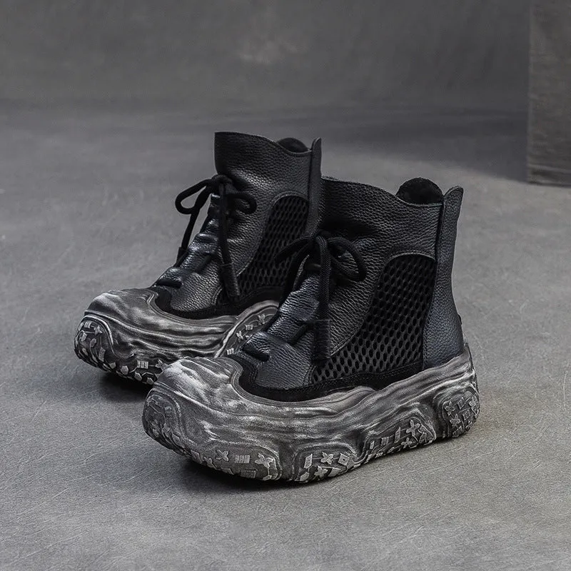 Women Retro Leather Breathable Mesh Chunky Platform Boots