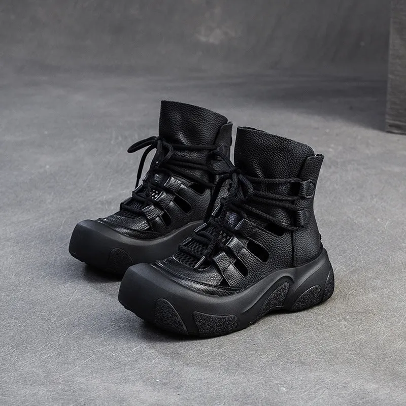 Women Soft Cowhide Hollow Breathable Mesh Ankle Boots