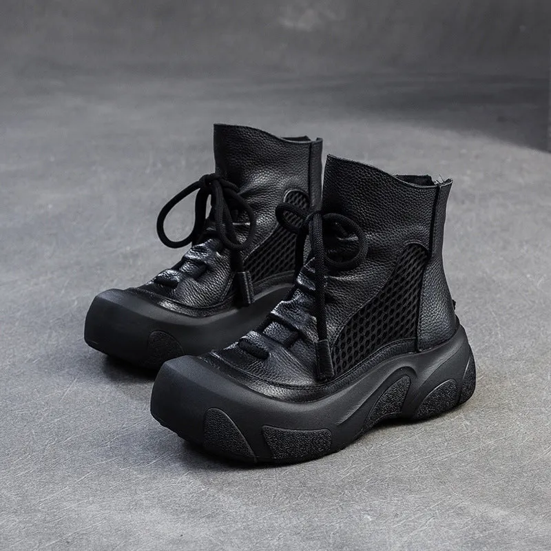 Women Retro Breathable Mesh Leather Casual Ankle Boots