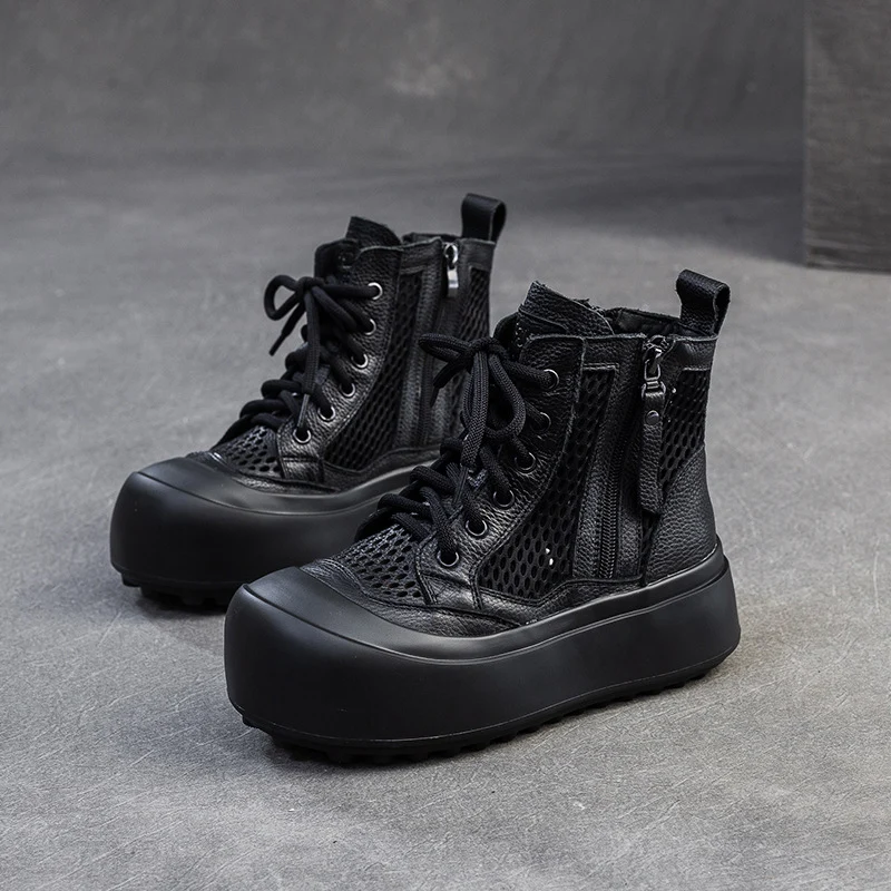 Women Retro Plain Leather Breathable Mesh Thick Soled Boots