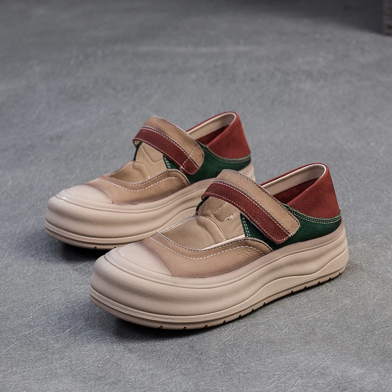 Women Fashion Color Matching Leather Thick Soled Casual Shoes