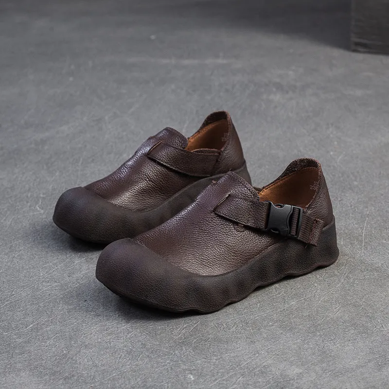 Women Vintage Plain Leather Buckle Soft Casual Shoes