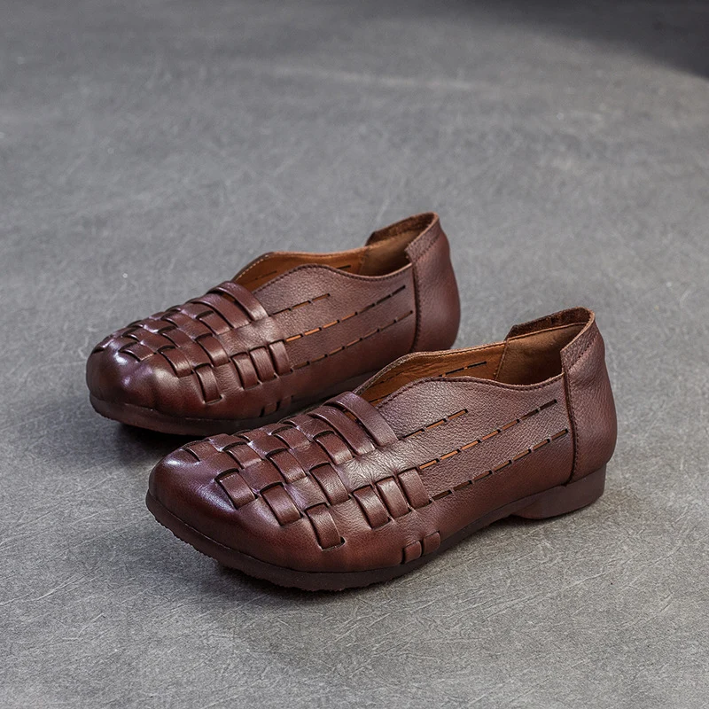Women Vintage Handmade Plaited Leather Flat Casual Shoes