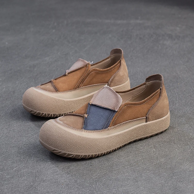 Women Color Matching Leather Flat Casual Shoes