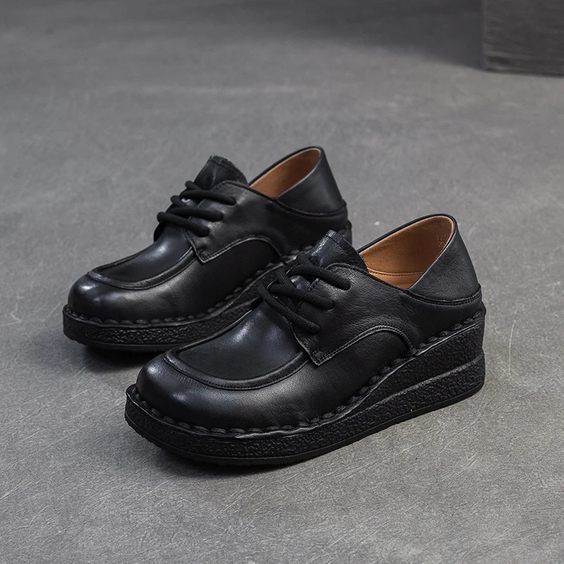 Women Retro Solid Soft Leather Wedge Loafers