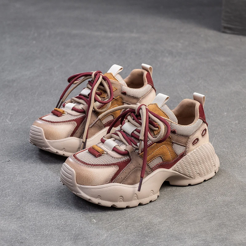 Women Retro Patchwork Leather Thick Soled Casual Sneakers