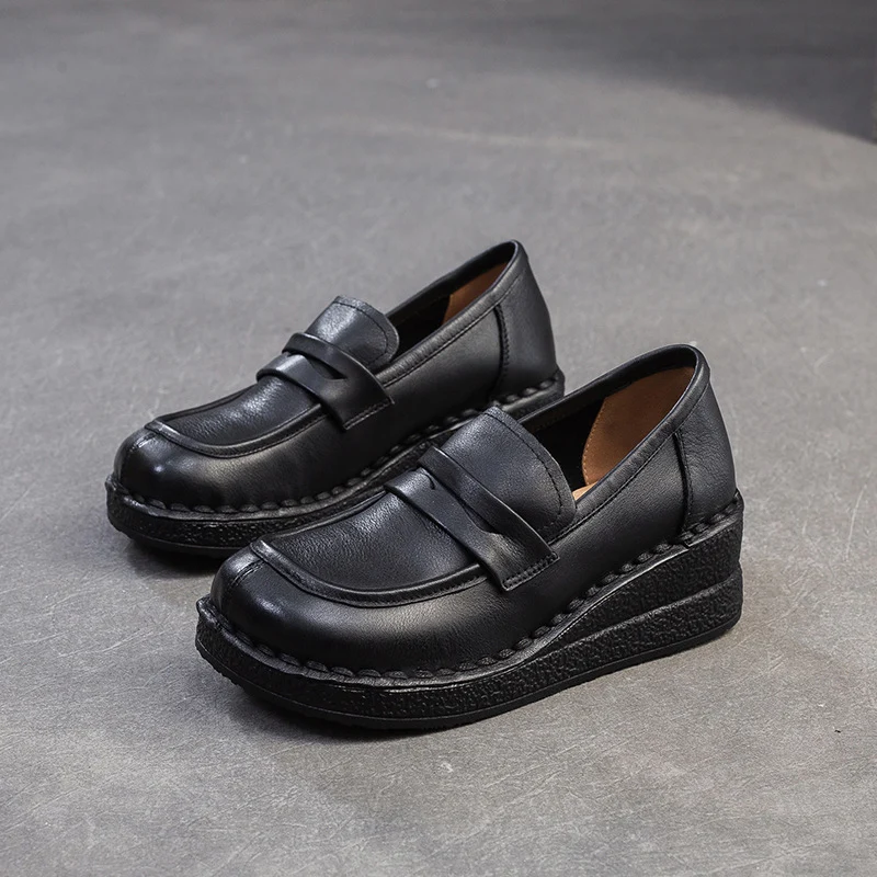 Women Minimalism Solid Leather Wedge Loafers