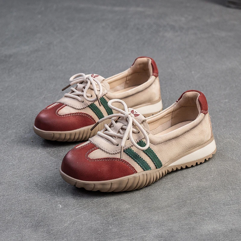 Women Fashion Color Matching Leather Flat Casual Shoes