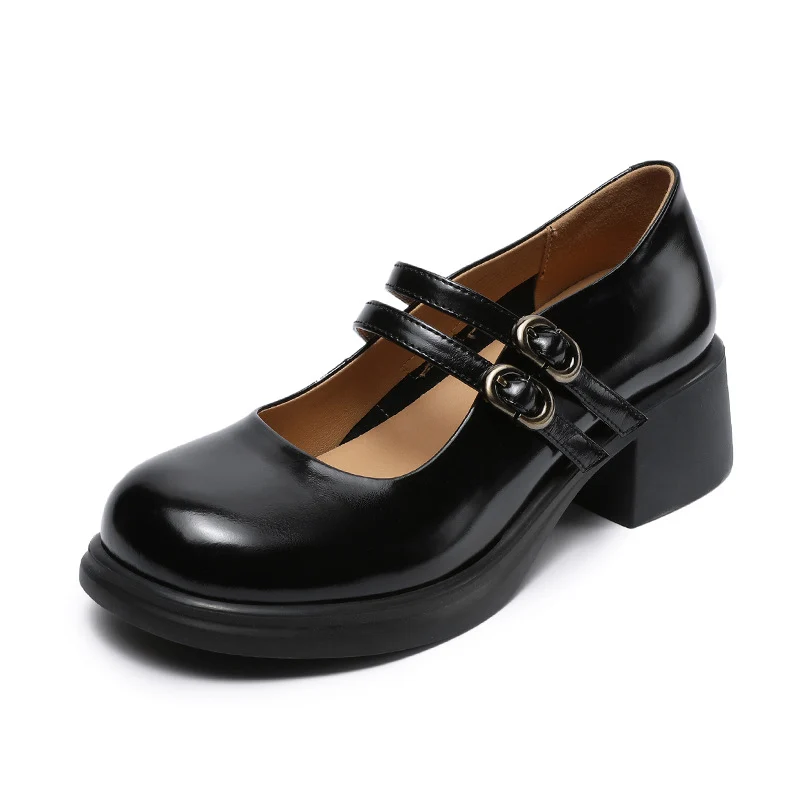 Women Fashion Solid Leather Low Block Mary Jane Shoes