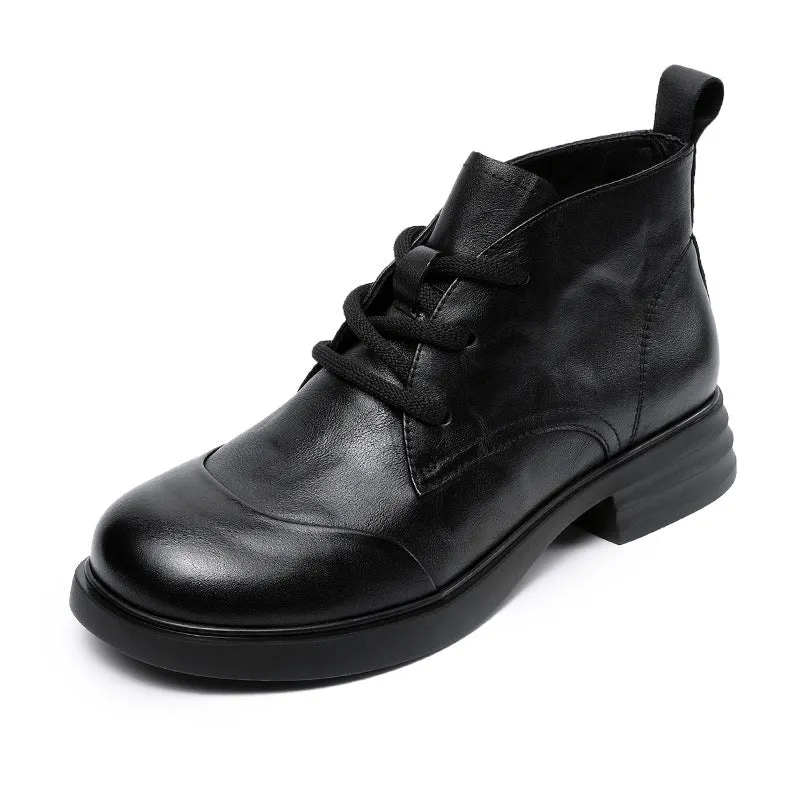 Women Vintage Solid Soft Leather Lace-up Ankle Boots