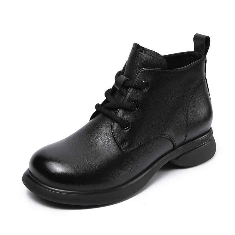 Women Retro Solid Leather Lace-up Ankle Boots