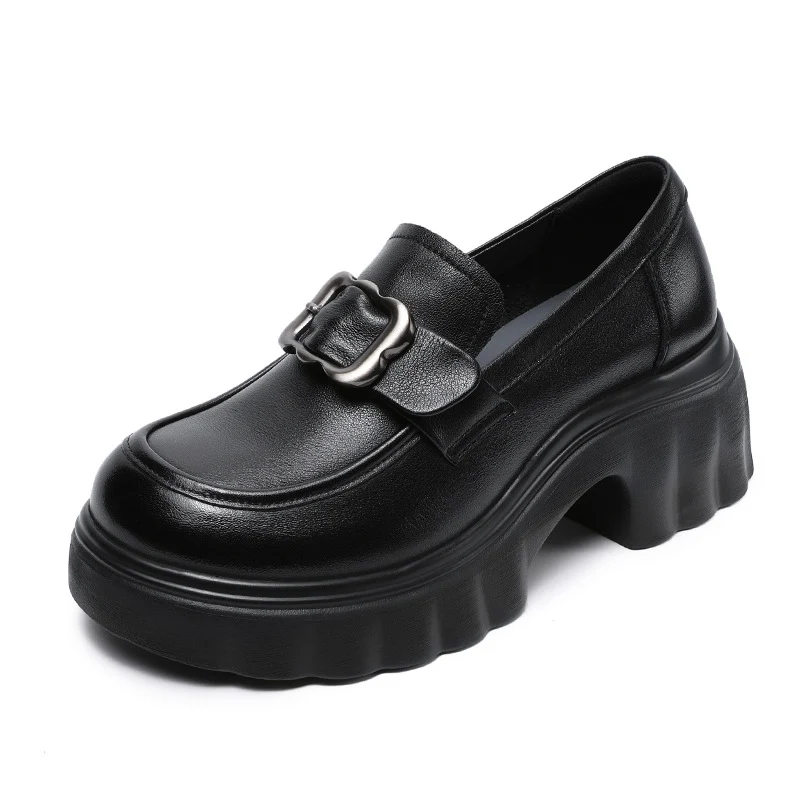 Women Retro Leather Chunky Heel Casual Loafers