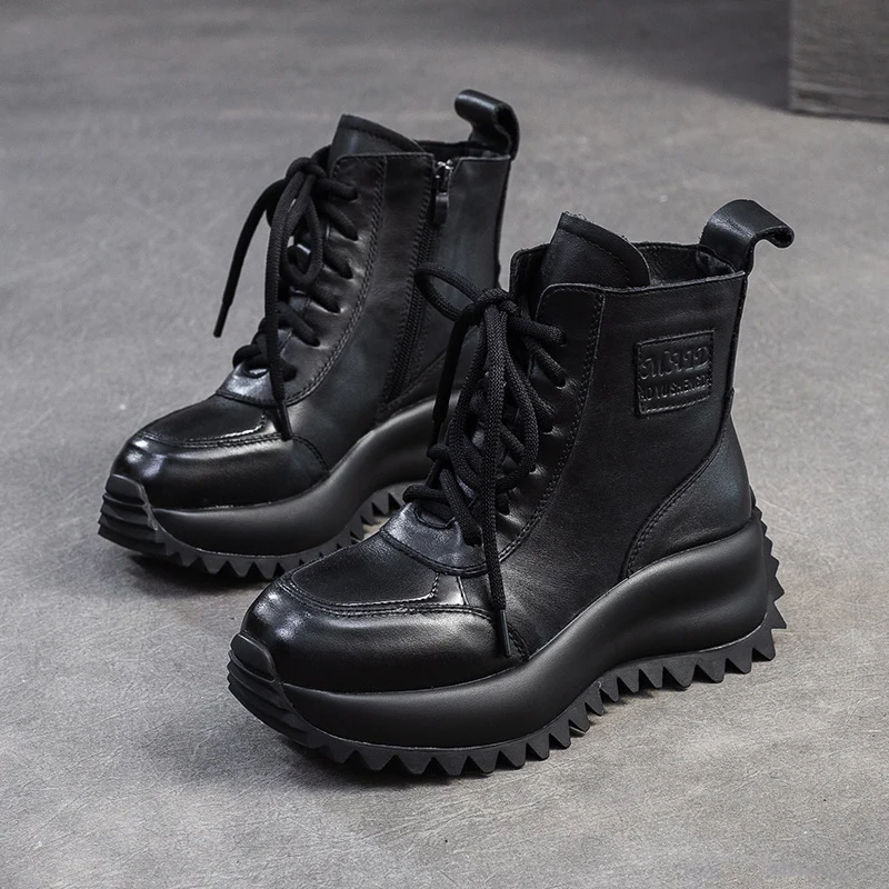 Women Retro Solid Leather Anti-Slip Thick Soled Ankle Boots