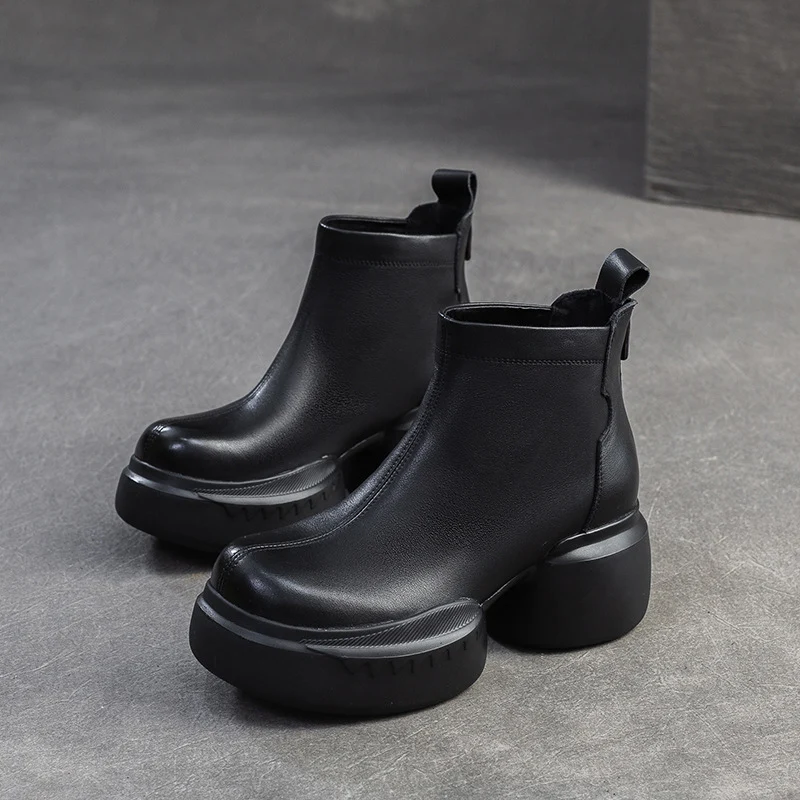 Women Retro Solid Leather Chunky Platform Ankle Boots