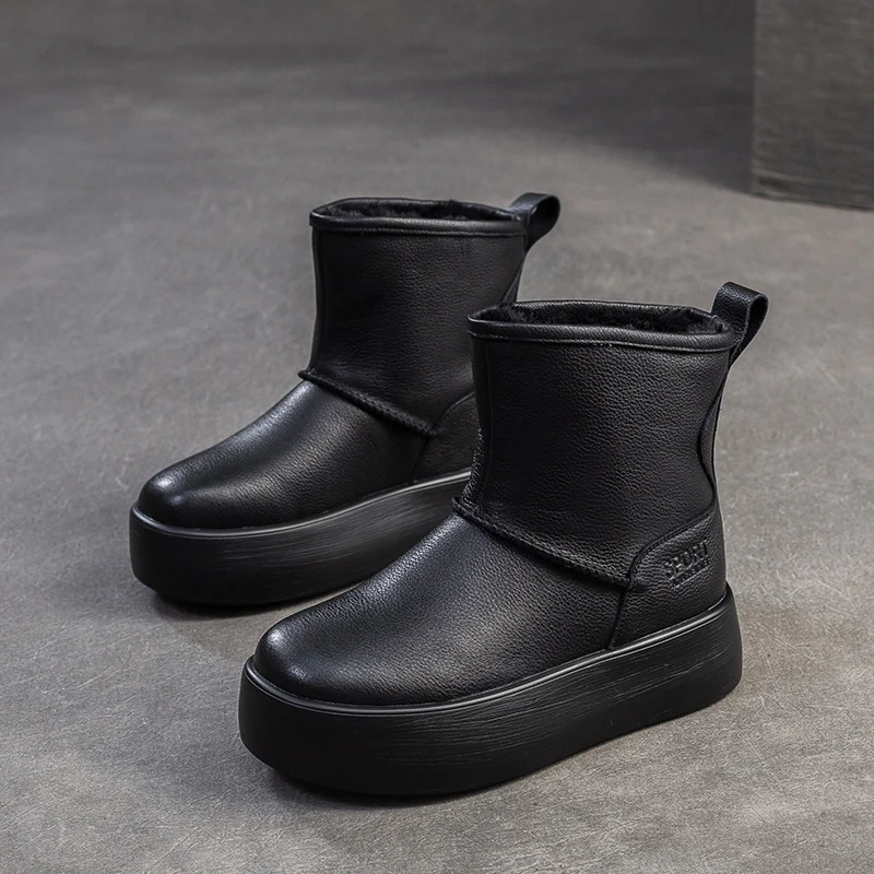 Women Minimalism Solid Leather Furred Snow Boots