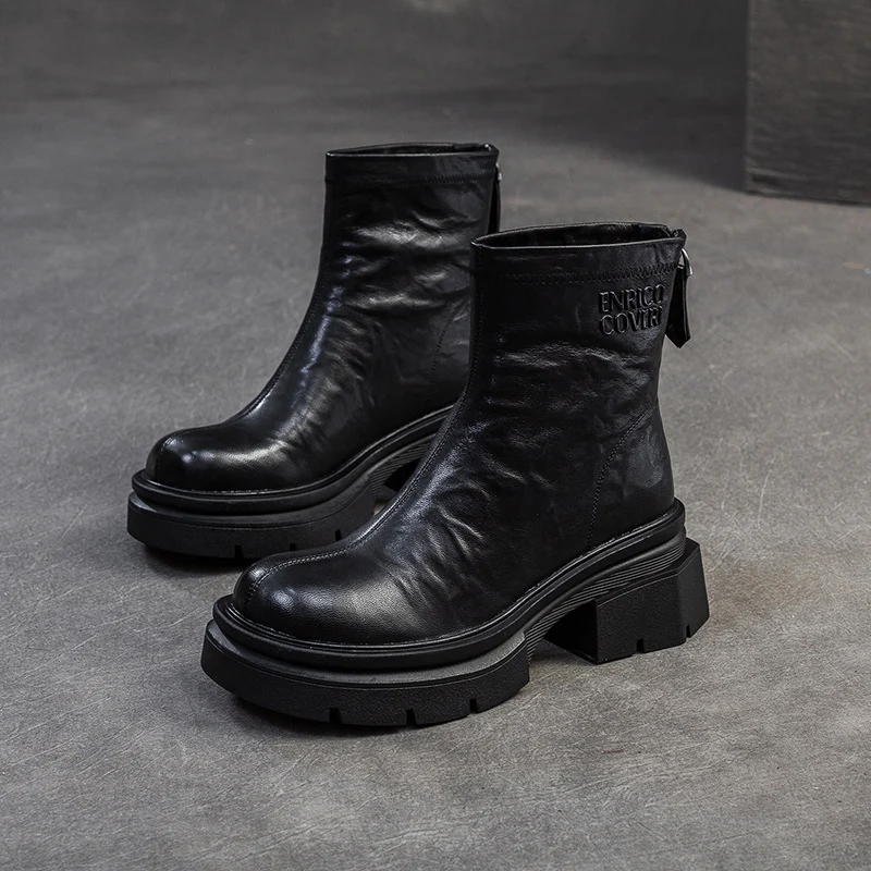 Women Vintage Pleated Leather Block Ankle Boots