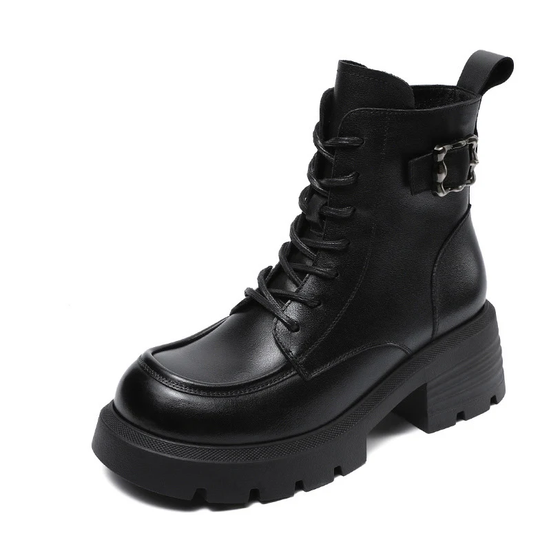 Women Vintage Leather Buckle Low Block Boots