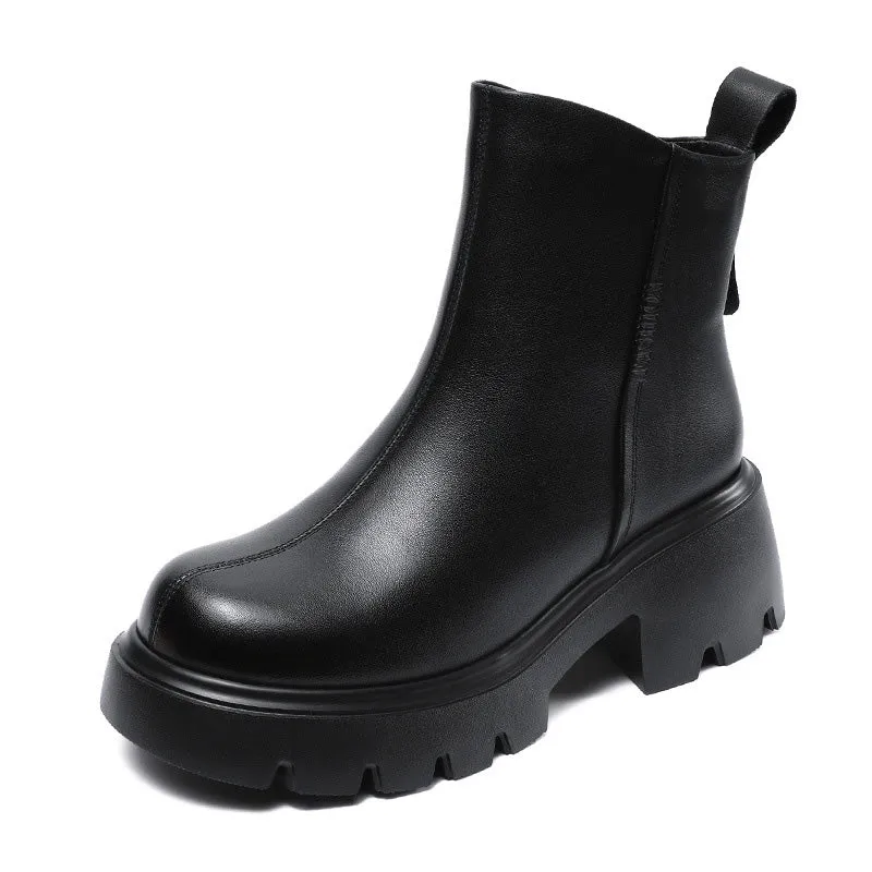 Women Solid Leather Vintage Platform Ankle Boots