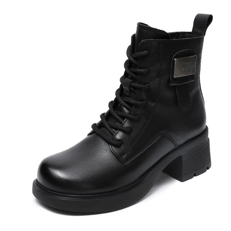 Women Retro Solid Leather Low Block Ankle Boots