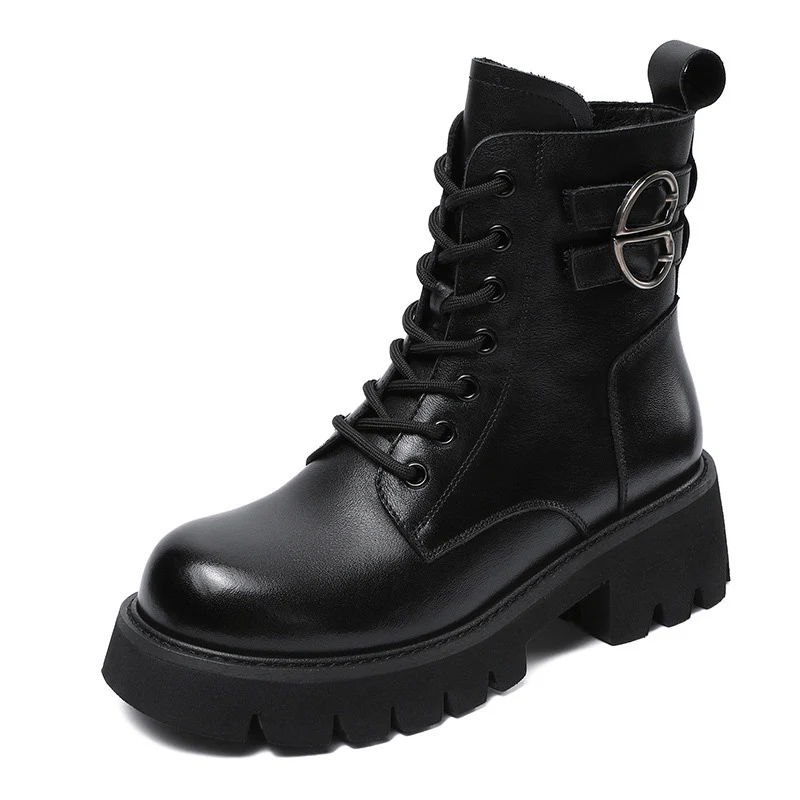 Women Vintage Solid Leather Low Block Buckle Boots