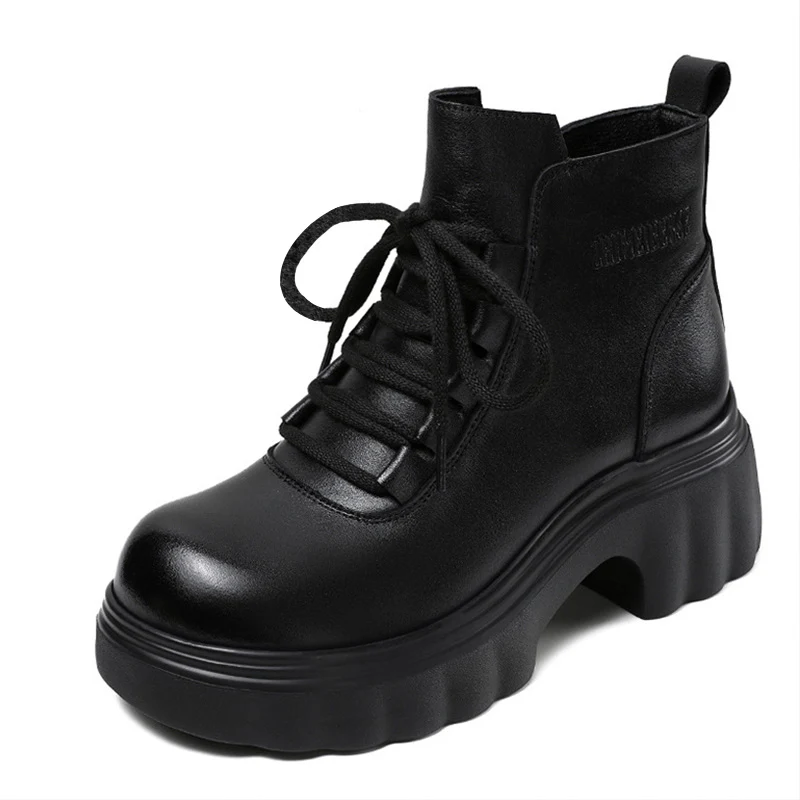 Women Retro Solid Leather Platform Ankle Boots