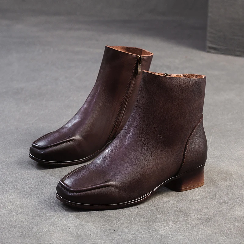 Women Vintage Solid Soft Leather Low Block Ankle Boots