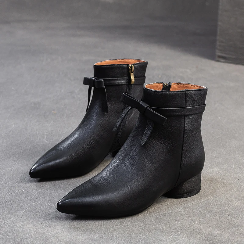 Women Retro Solid Leather Pointed Toe Low Block Ankle Boots