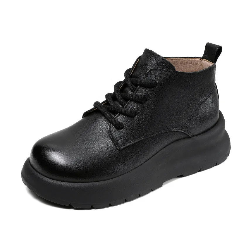 Women Retro Solid Leather Thick Soled Casual Shoes