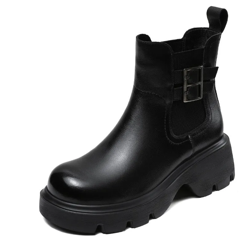 Women Retro Leather Buckle Platform Casual Boots