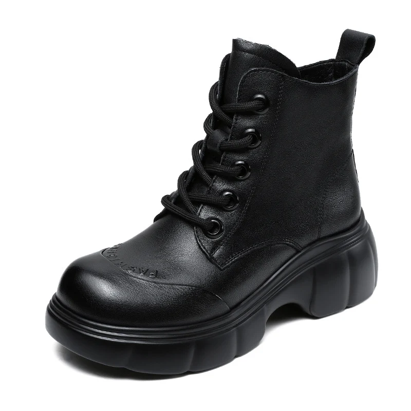 Women Vintage Solid Leather Thick Soled Ankle Boots