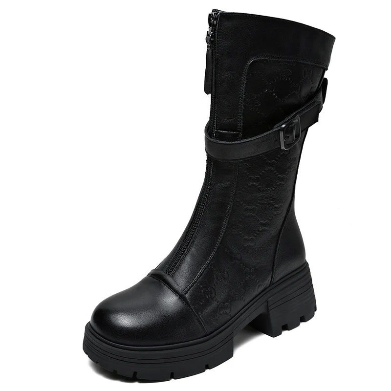 Women Solid Embossed Leather Mid-Calf Riding Boots