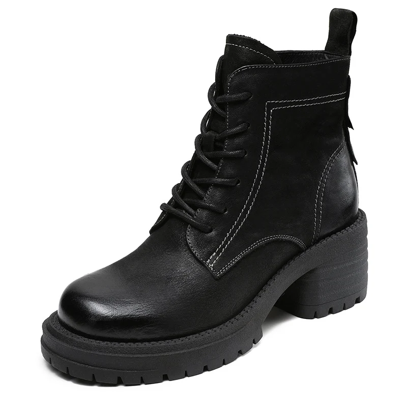 Women Vintage Quilted Leather Chunky Heel Ankle Boots