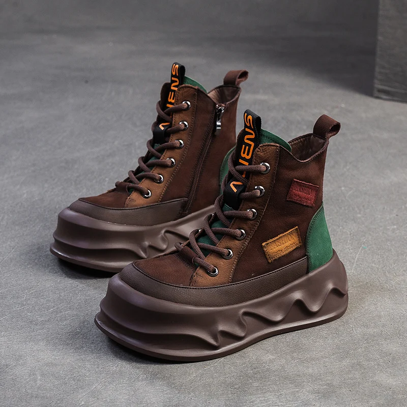 Women Retro Color Matching Leather Winter Platform Boots