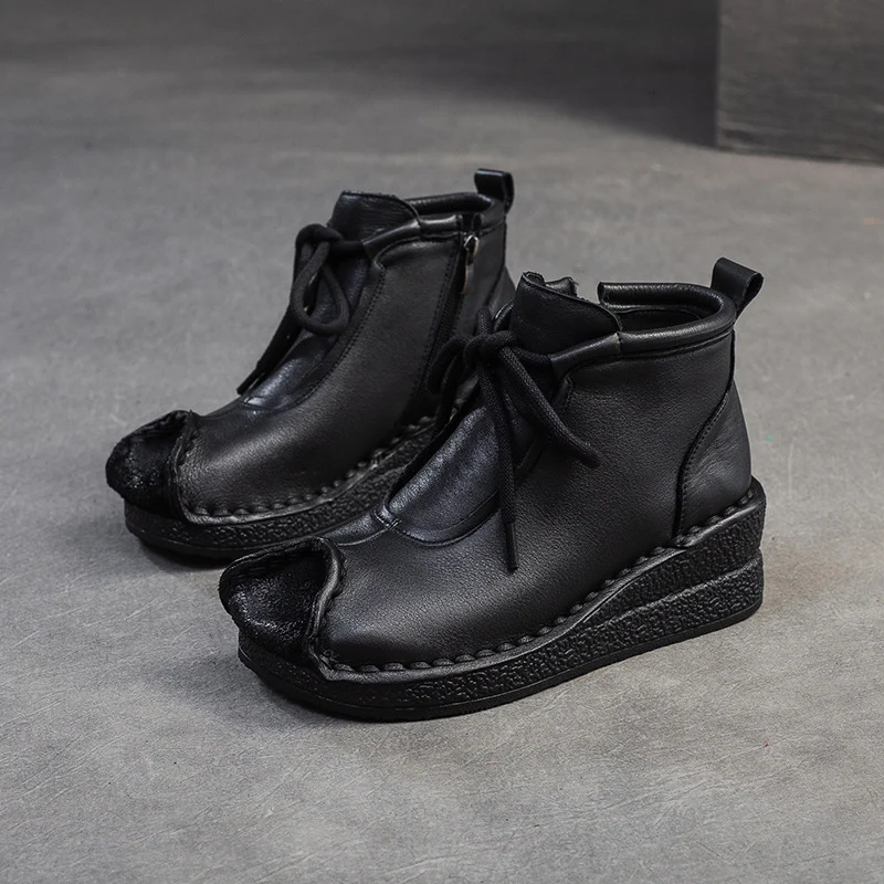 Women Retro Solid Leather Wedge Soft Ankle Boots