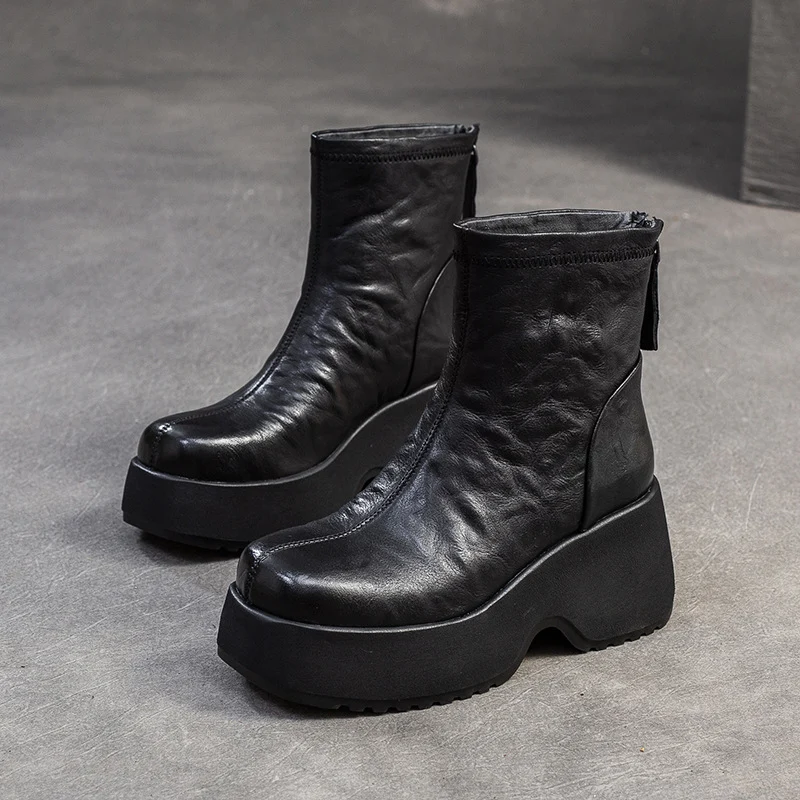 Women Retro Solid Leather Chunky Platform Boots